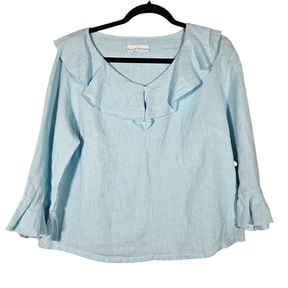 Bryn Walker Baby Blue Linen Ruffle Trim Blouse Shirt 3/4 Sleeves sz M Boho Y2K